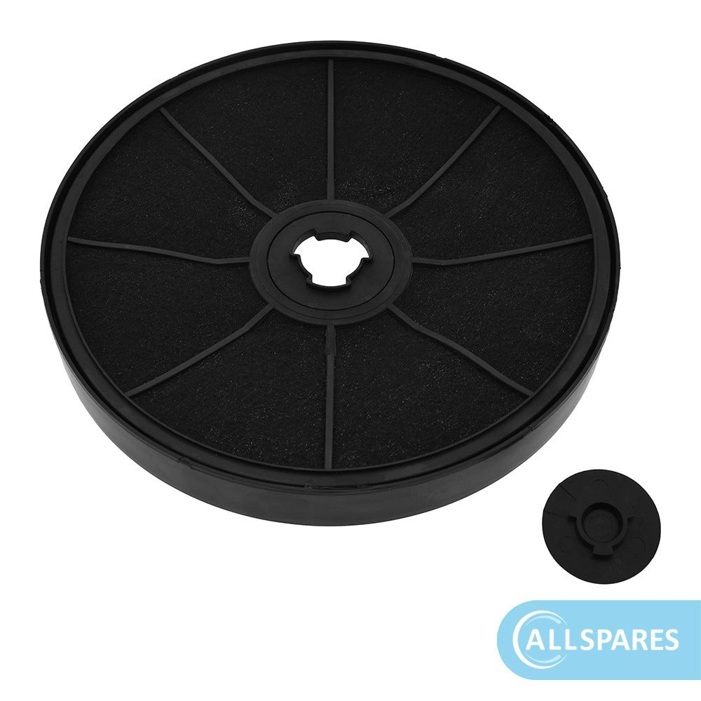 Ein schwarzer kreisförmiger Filter mit Gittermuster. Eine kleine schwarze Kappe befindet sich rechts unten. Die Marke „ALLSPARE“ ist dort.