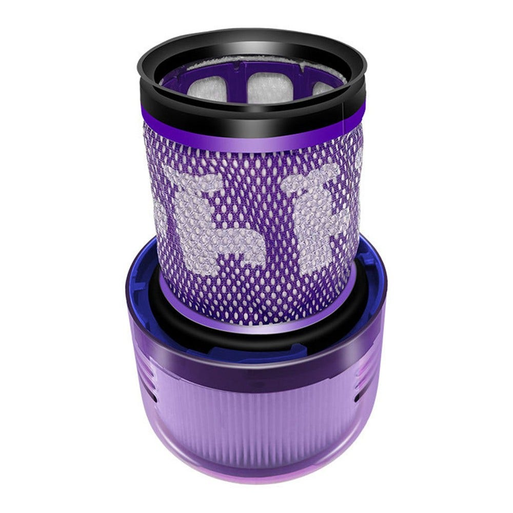 Un filtro per aspirapolvere viola e nero. Il filtro presenta un motivo a nido d'ape.