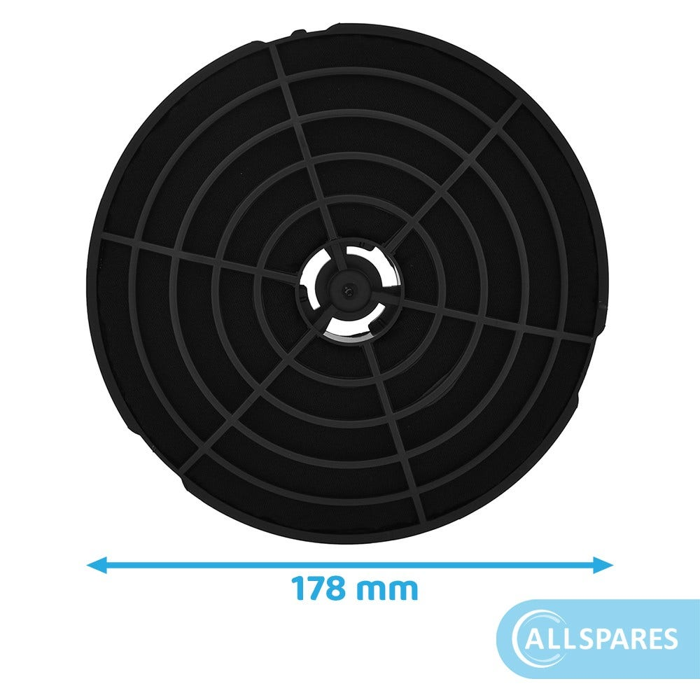 Un filtro nero rotondo con un motivo a griglia metallica. Il diametro è segnato come 178 mm, con il logo Allspares.