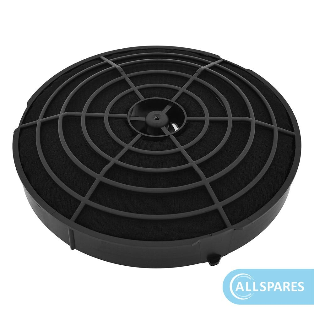 Un filtro nero circolare con un design a griglia e una struttura centrale a forma di ventaglio, con il testo ALLSPARE.