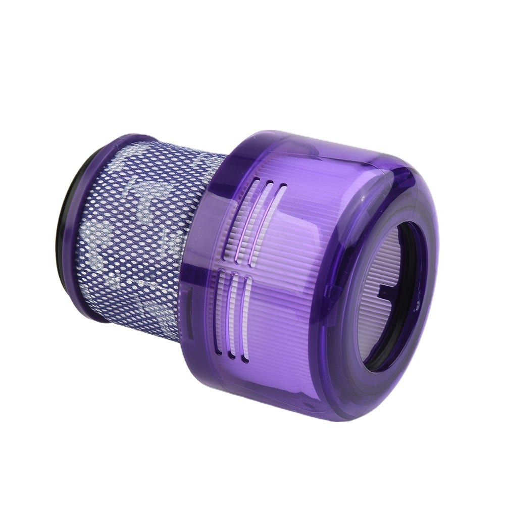 Un filtro per aspirapolvere viola e nero. Il filtro presenta un motivo a nido d'ape.
