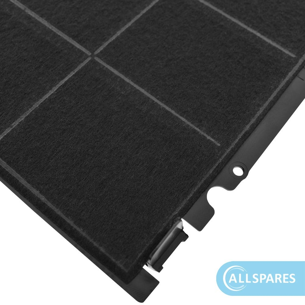 Un angolo di un filtro dell'aria nero. Mostra una griglia di piccoli quadrati con una cornice di plastica nera e sfondo bianco.