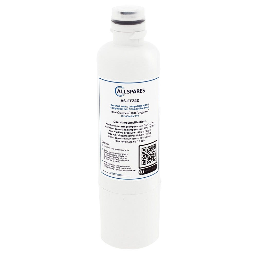 Eine weiße Flasche mit weißem Etikett und weißem Deckel. Die Flasche steht aufrecht und hat gedruckte Informationen.