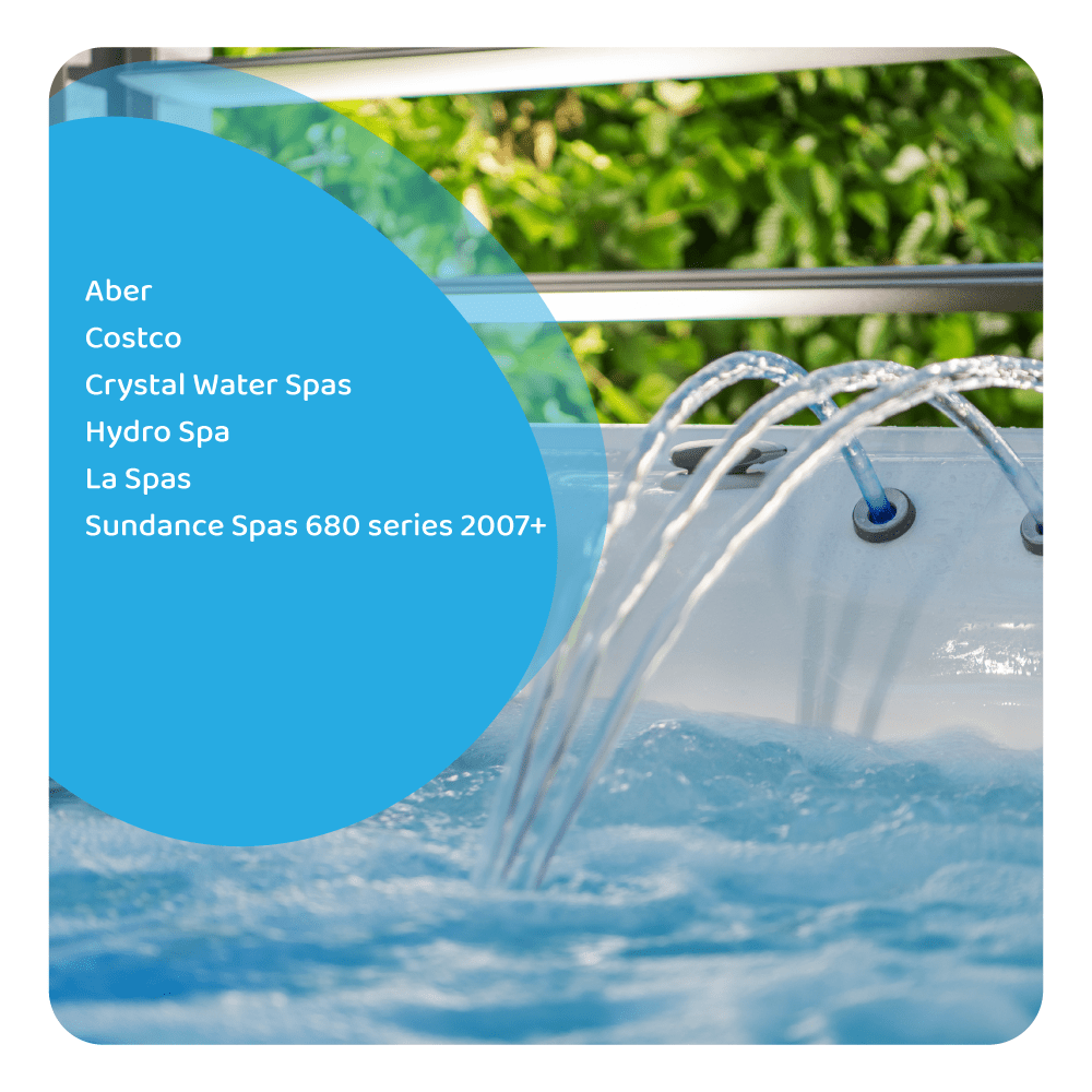 Vasca idromassaggio con getti d'acqua. Riquadro di testo blu con testo. Fogliame verde sullo sfondo.