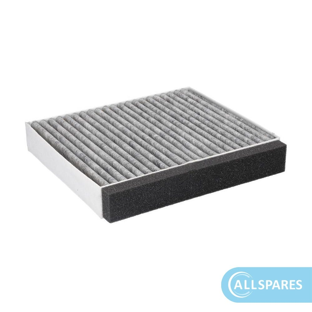 Filtro aria rettangolare con materiale filtrante grigio e bordo nero. Sfondo bianco.