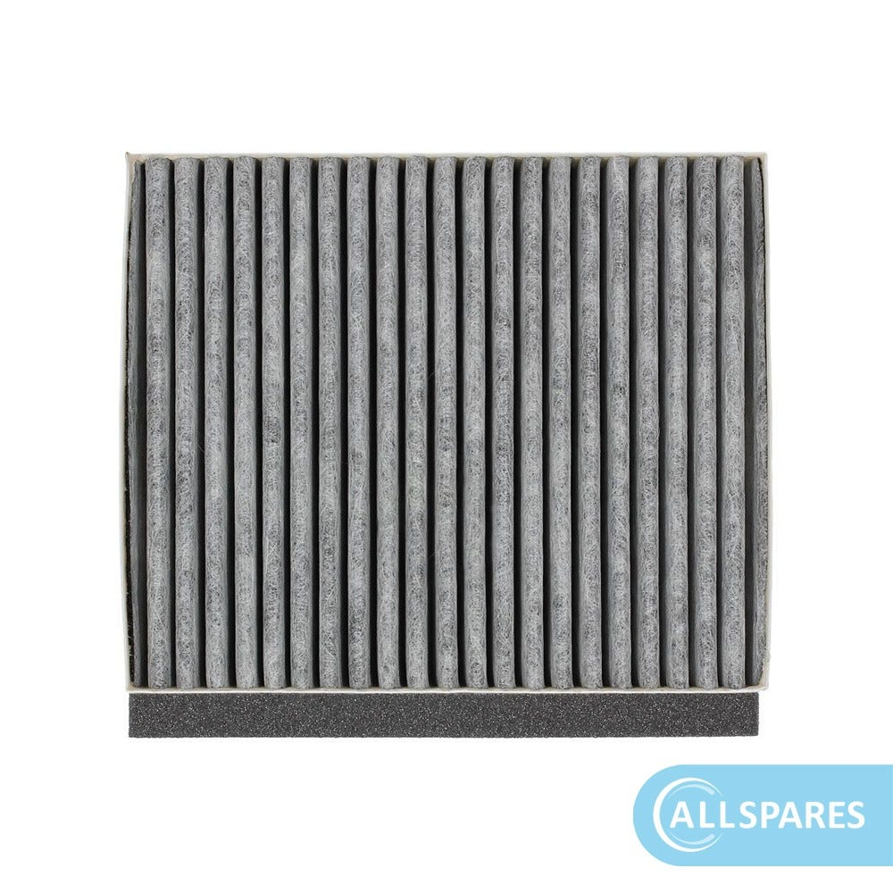 Filtro aria rettangolare con materiale filtrante grigio verticale, bordo nero e base bianca.