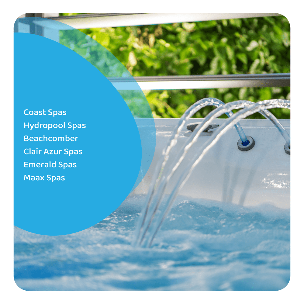 Immagine di una spa con getti d'acqua e un cerchio blu con marchi di spa.