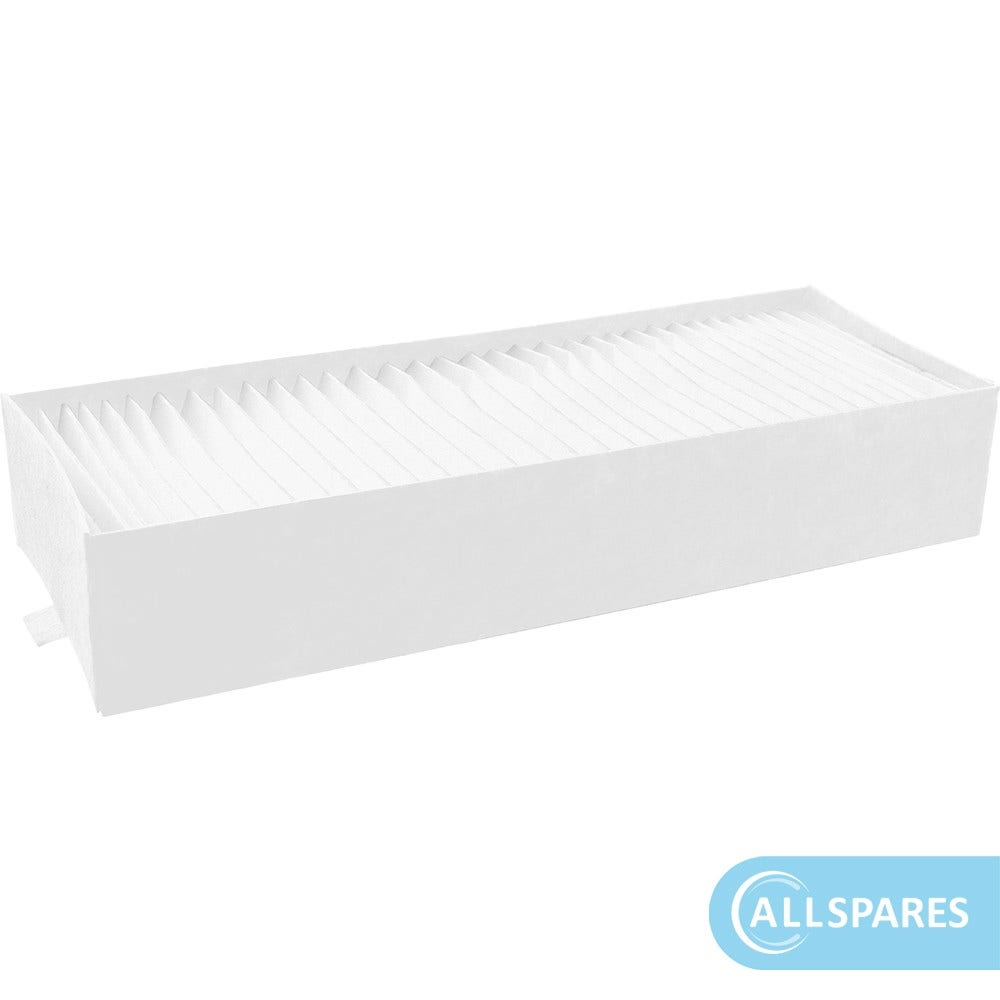 Filtro aria rettangolare bianco con pieghe verticali.