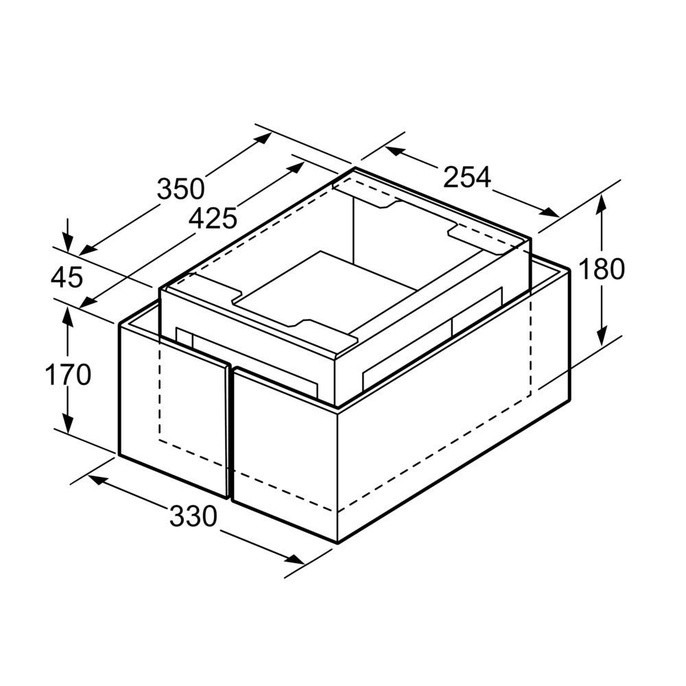 Disegno isometrico di una scatola rettangolare con dimensioni. Ha una scatola più piccola all'interno.
