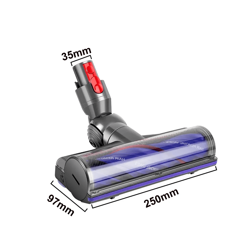 Testa dell'aspirapolvere con dimensioni. Ha una spazzola a rullo e un design angolato con un pulsante rosso.