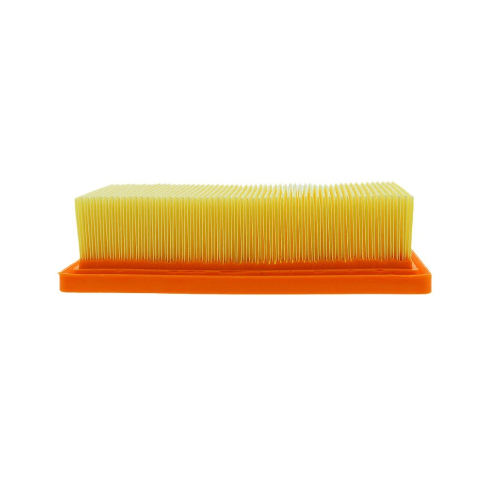 Ein rechteckiger Luftfilter mit gelbem Filtermaterial in einem orangefarbenen Rahmen.