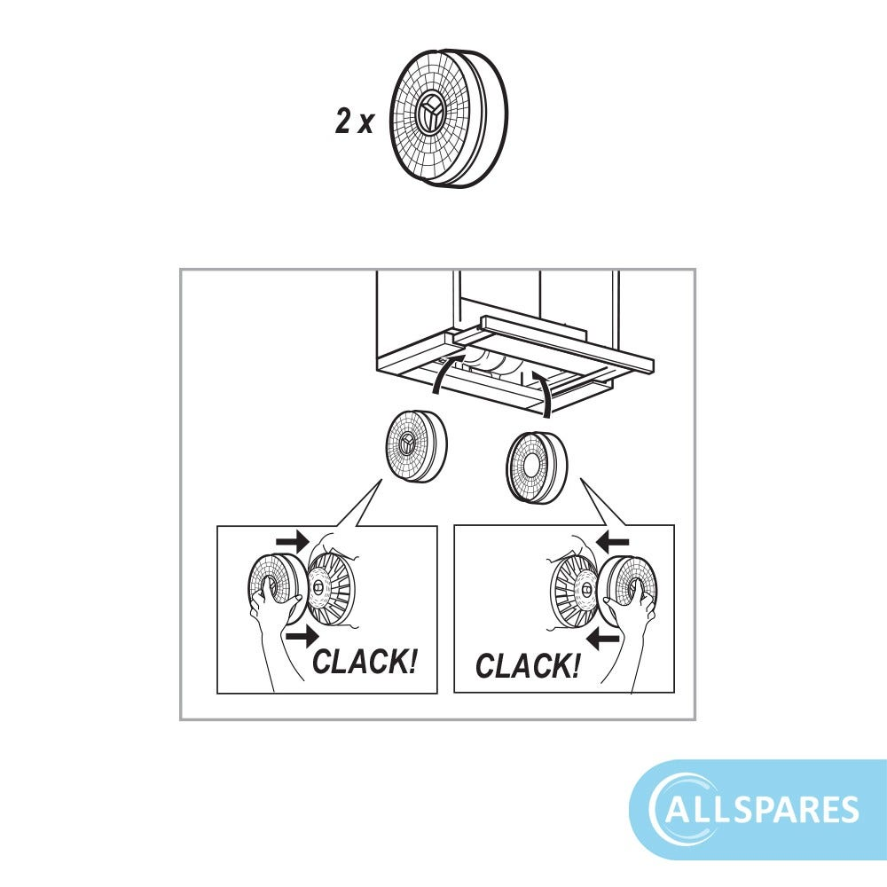 Diagramm zeigt, wie man Filter in einer Dunstabzugshaube installiert. Hände zeigen das Einclipsen der Filter.