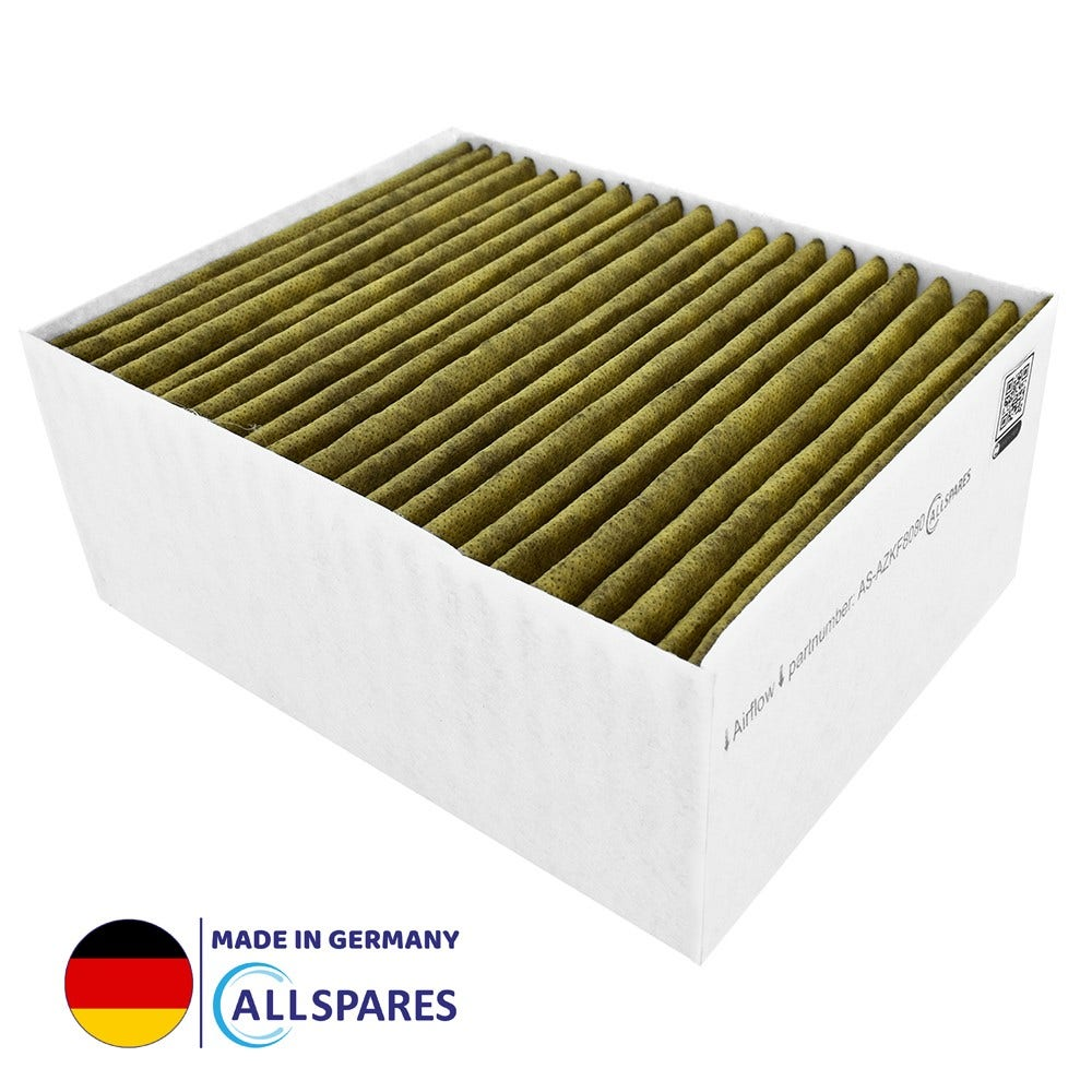 Eine offene Box mit einem Filter mit horizontalem grünem Filtermaterial.