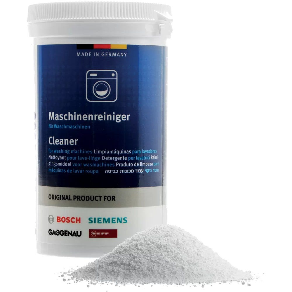 Eine weiße Flasche mit blauem Etikett und weißen Granulaten. Text in mehreren Sprachen auf dem Etikett.