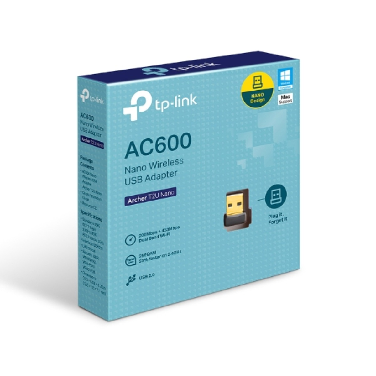 Eine blau-weiße Schachtel für einen TP-Link AC600 Nano Wireless USB Adapter mit Produktdetails und Bildern.