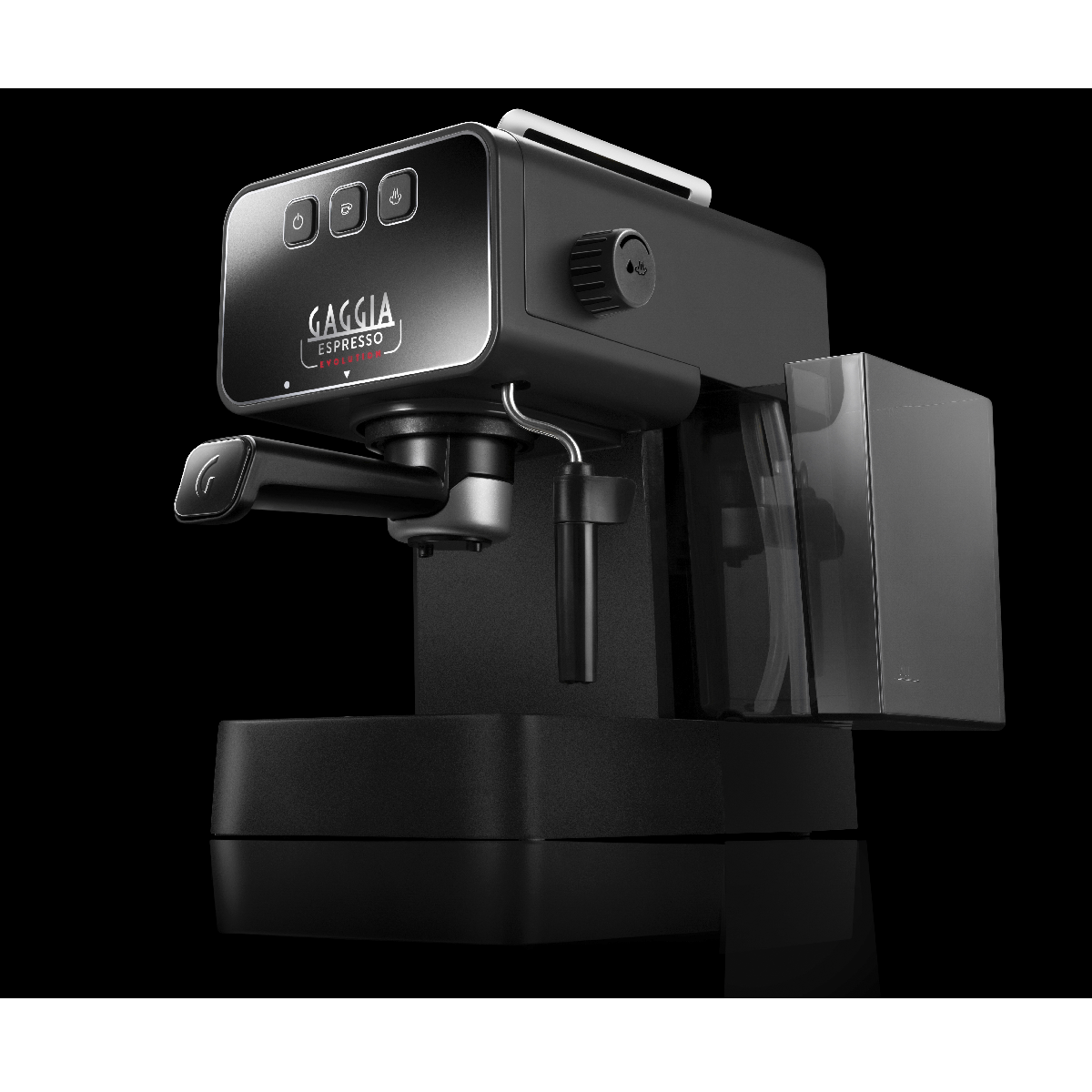 Czarny ekspres do kawy Gaggia z pojemnikiem na wodę i dyszą do spieniania mleka, na czarnym tle.