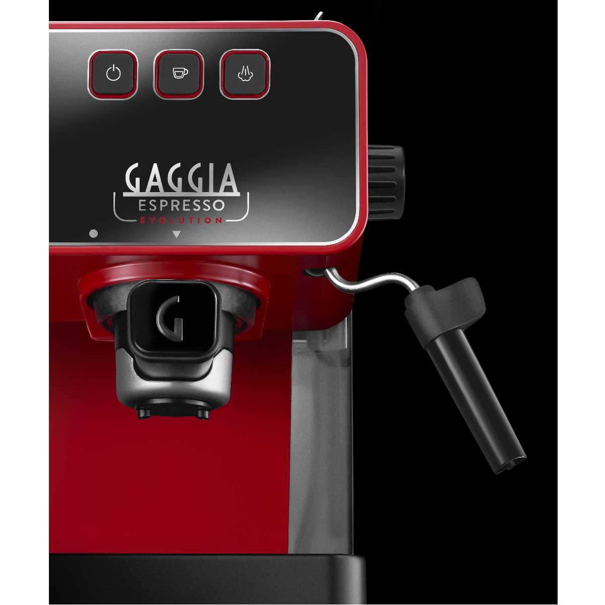 Zbliżenie na czerwony ekspres do kawy Gaggia. Pokazuje przyciski, dyszę do spieniania mleka i logo Gaggia Espresso Evolution.