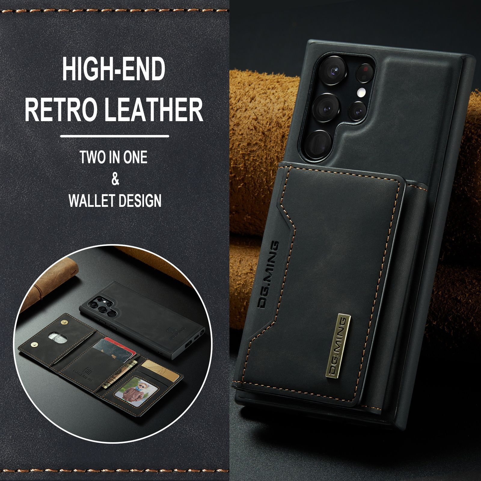 Custodia per telefono nera con portafoglio attaccato. Presenta un logo e le parole 'High-End Retro Leather'.