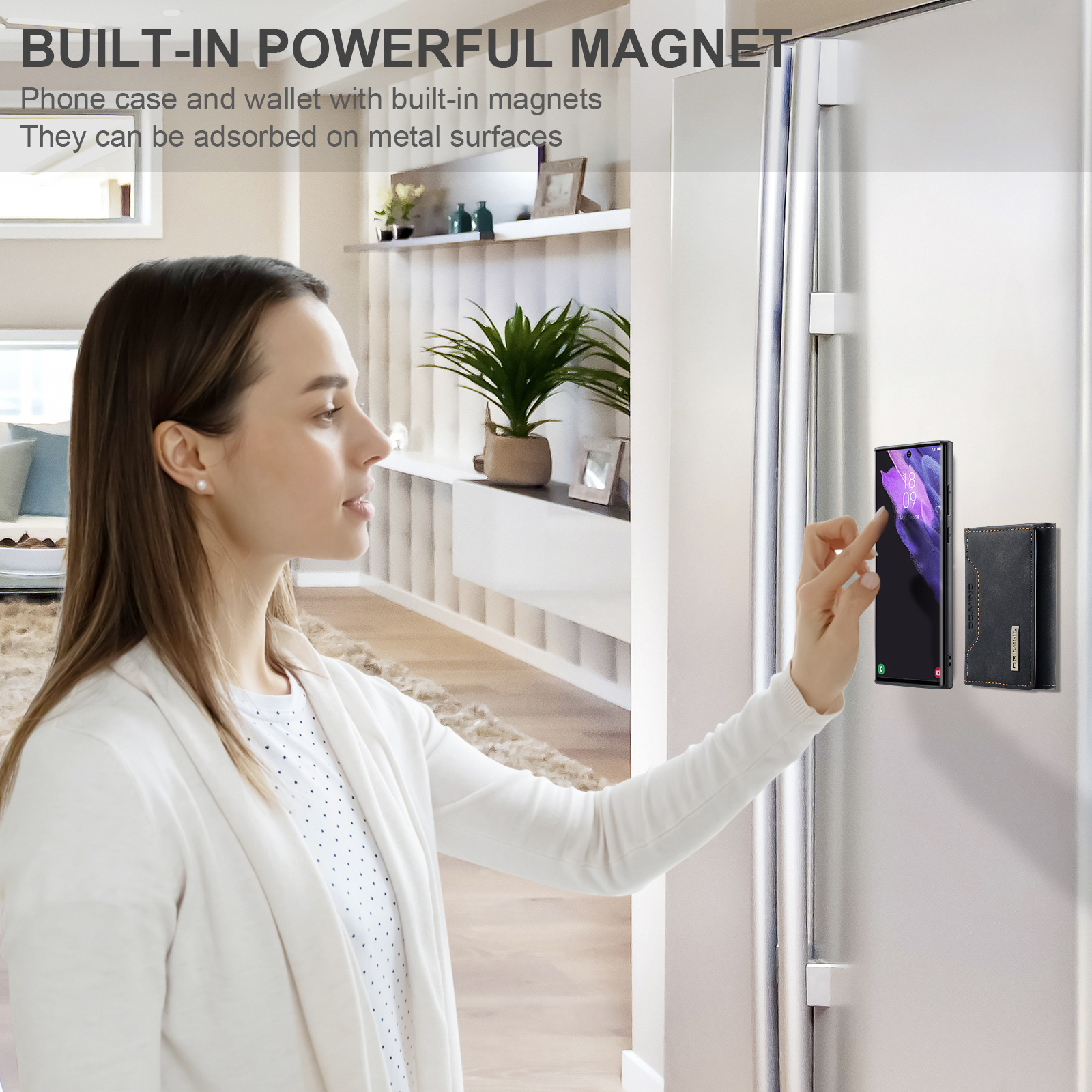 Una donna tocca un telefono attaccato a un frigorifero, accanto a un portafoglio. Testo: Magnete potente integrato.