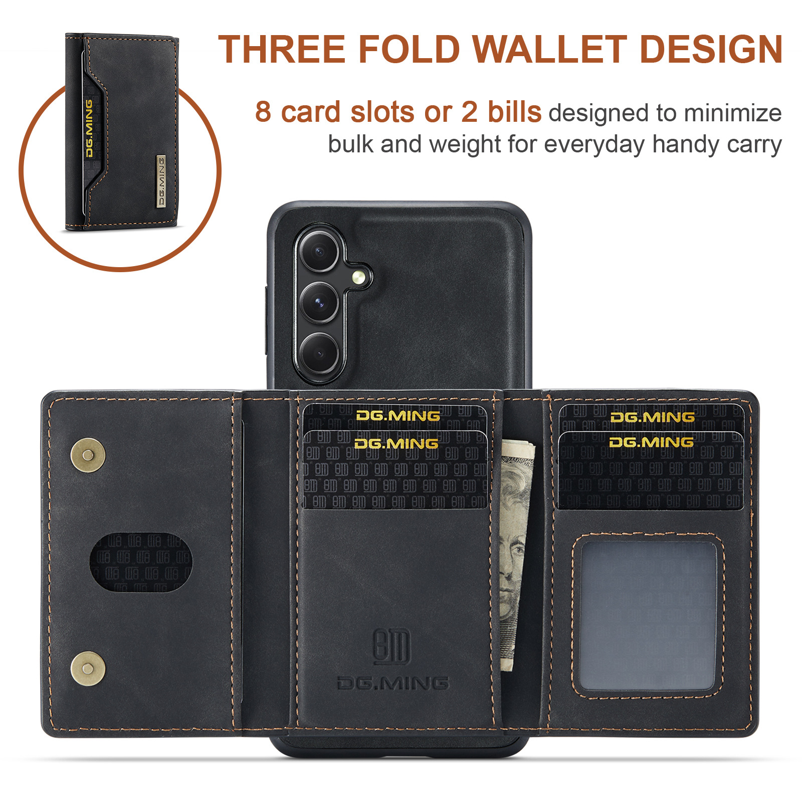 Portafoglio nero con scomparti per carte, telefono e custodia. Testo: Design a portafoglio a tre ante.