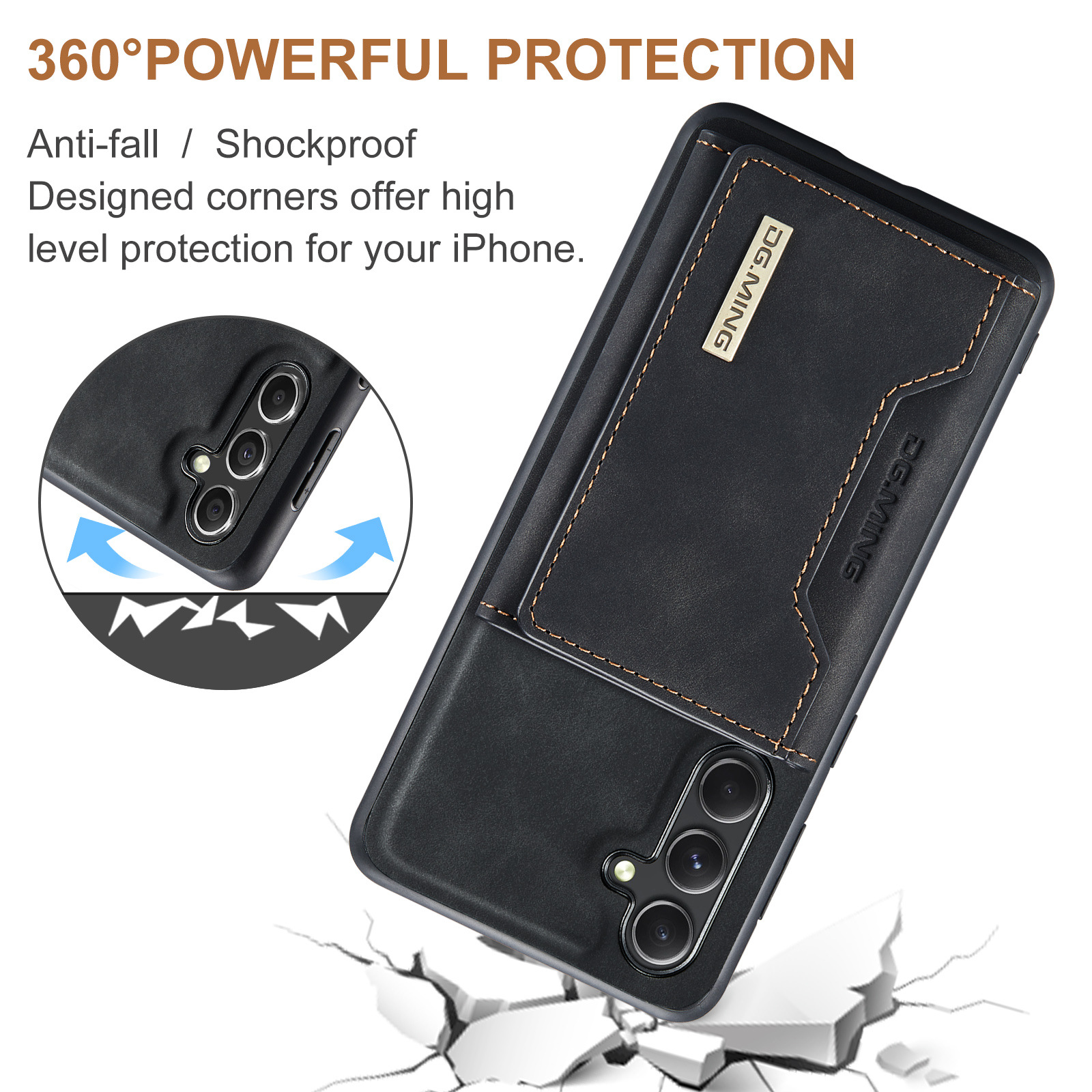 Custodia per telefono nera con portafoglio. Testo: Protezione potente a 360°. Frecce e crepe sullo sfondo.