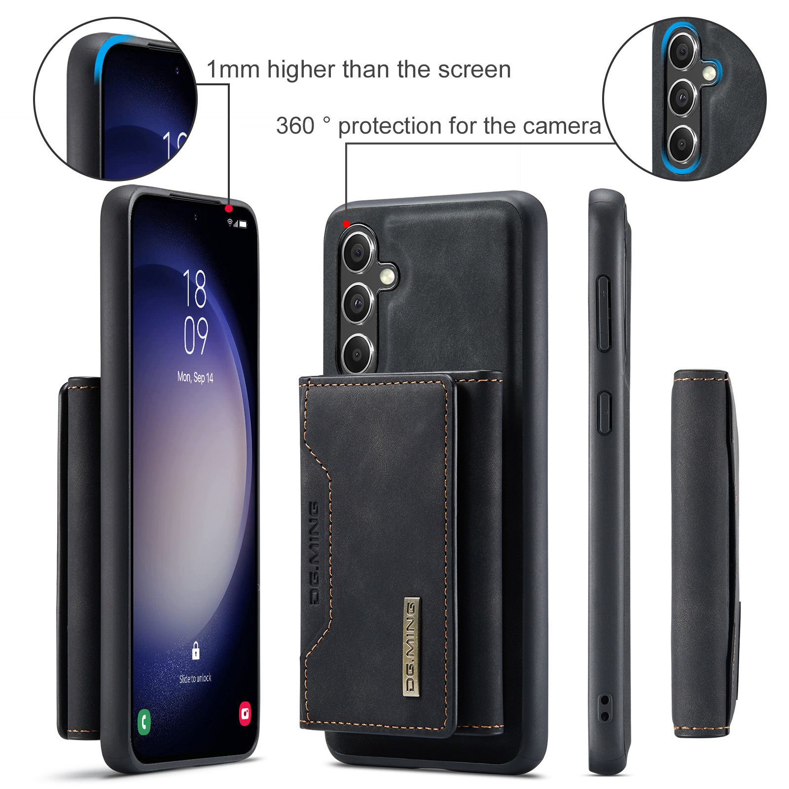 Custodia per telefono nera con portafoglio attaccato e smartphone, più viste. Testo: 1 mm più alto dello schermo.