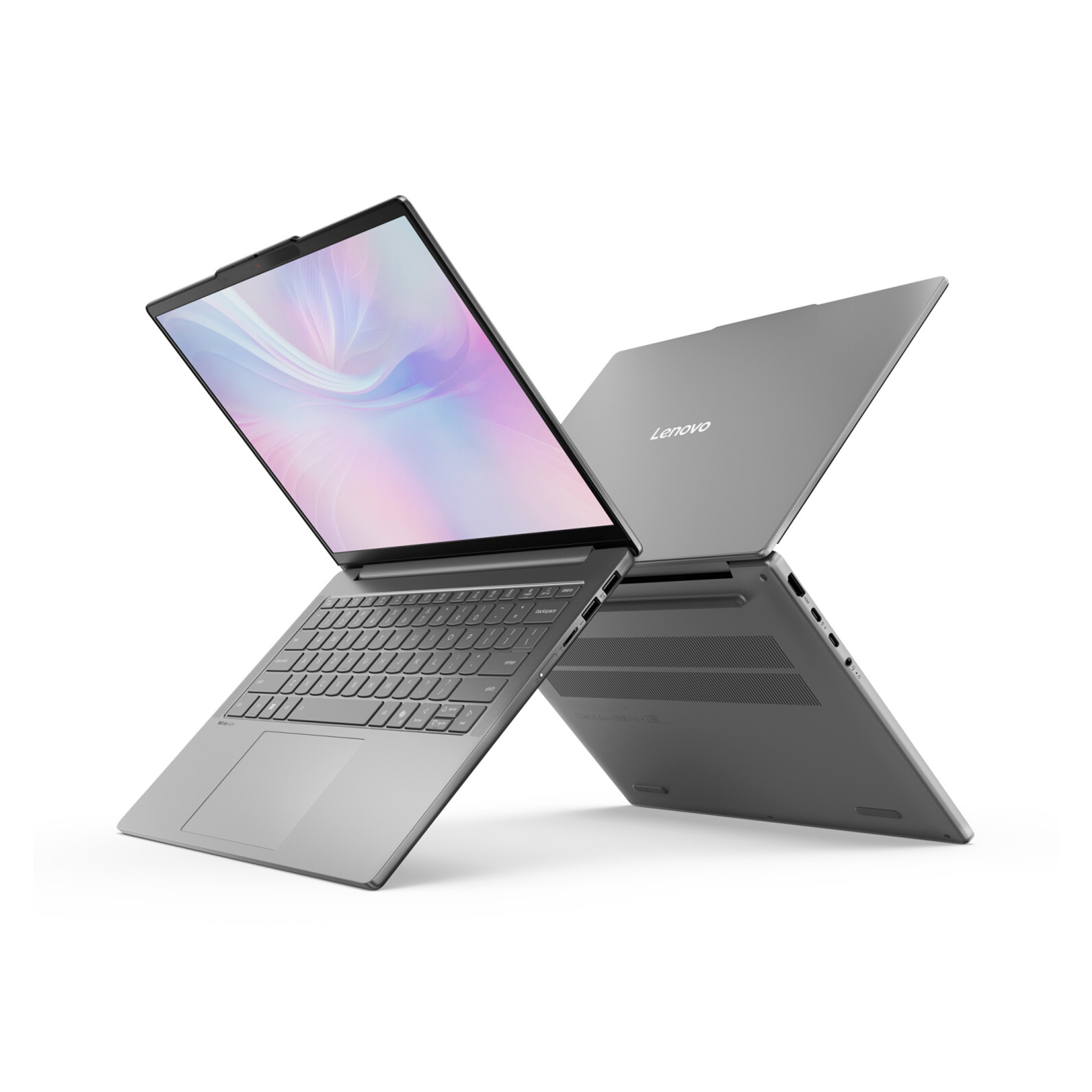 Zwei graue Lenovo-Laptops, Bildschirme geöffnet, einer mit sichtbarer Tastatur.