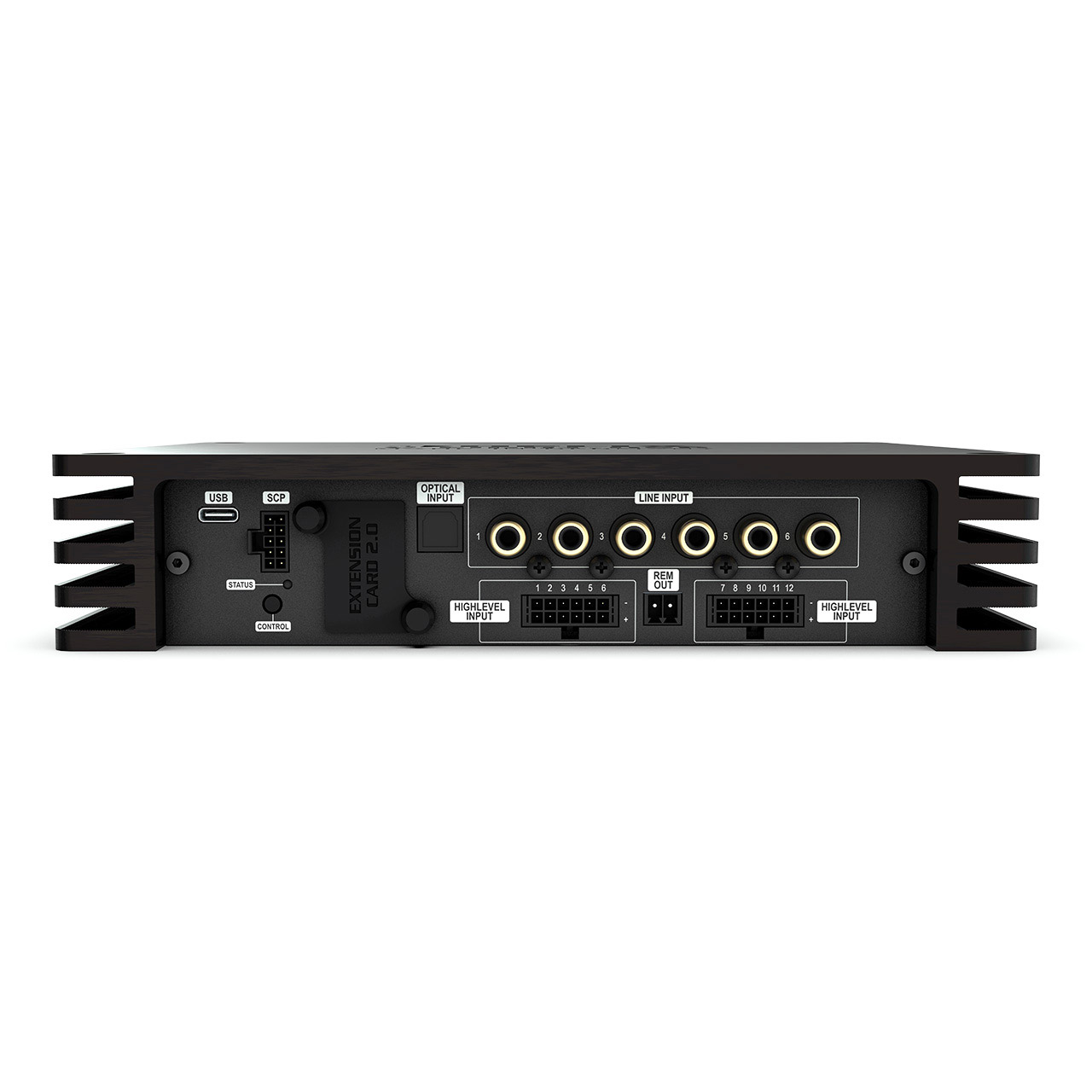 Schwarzer Audioverstärker mit mehreren Eingangsanschlüssen. USB- und Steueranschlüsse sichtbar.