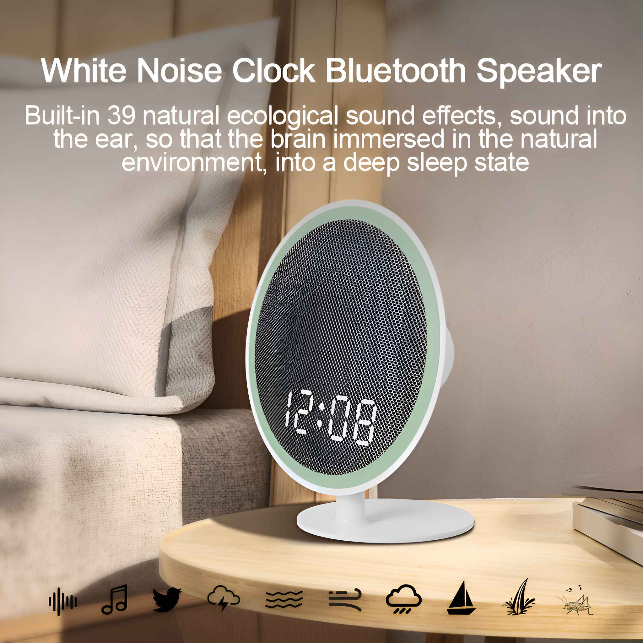 Weißes Rauschen Uhr-Lautsprecher. Anzeige zeigt 12:08. Text sagt White Noise Clock Bluetooth Speaker.