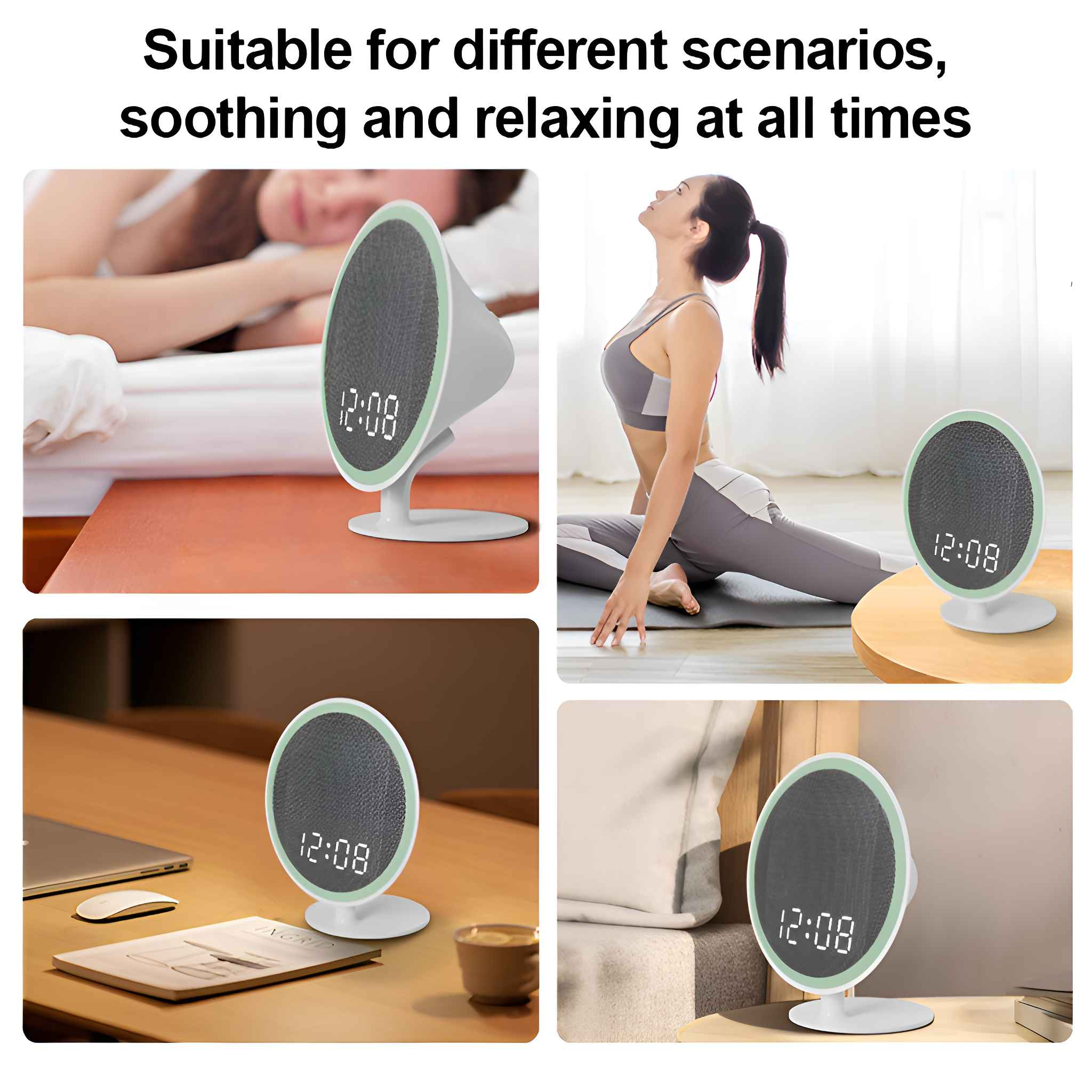 Vier Bilder, die einen weißen und grünen Lautsprecher mit Digitaluhr in verschiedenen Umgebungen zeigen.