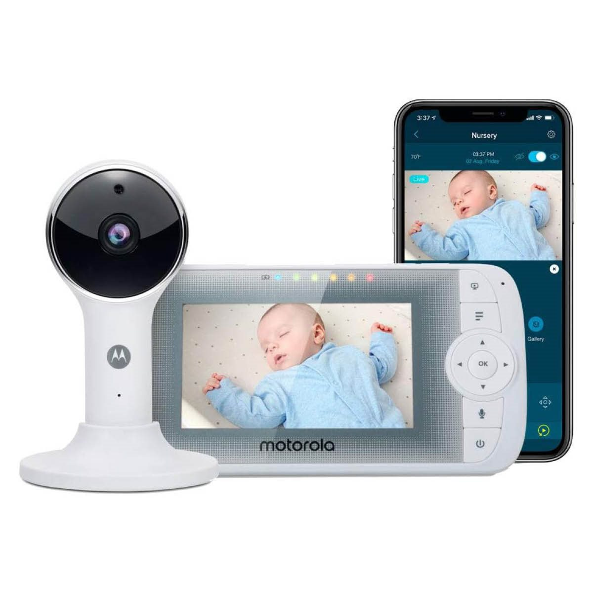 Babyphone avec un bébé dormant sur l'écran et sur le téléphone. Fond blanc.