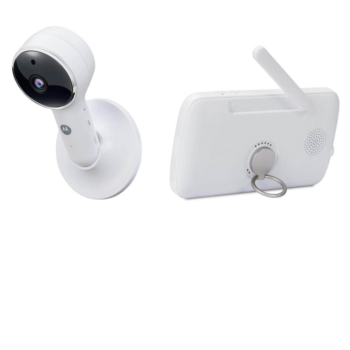 Ensemble caméra et moniteur de babyphone blancs. La caméra est montée, le moniteur a un support.