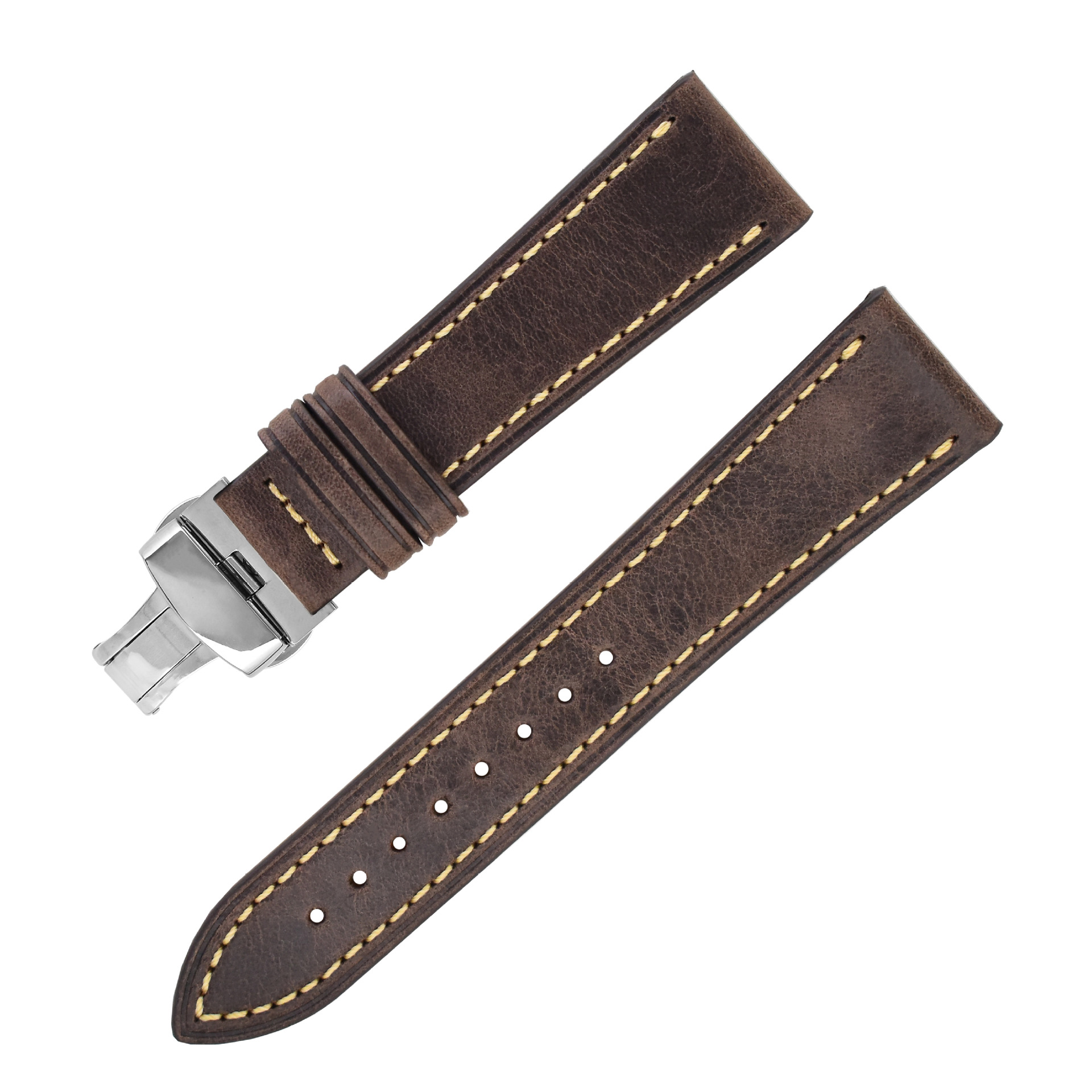 Zwei braune Leder-Uhrenarmbänder mit gelben Nähten und einer silbernen Schließe.
