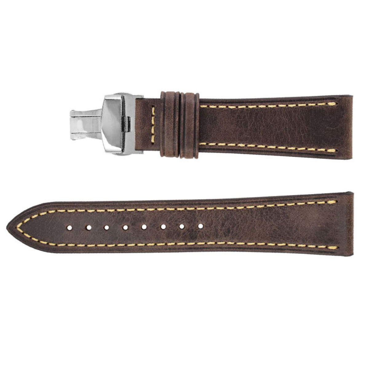 Ein braunes Leder-Uhrenarmband mit gelben Nähten und einer silbernen Schnalle. Isoliert.