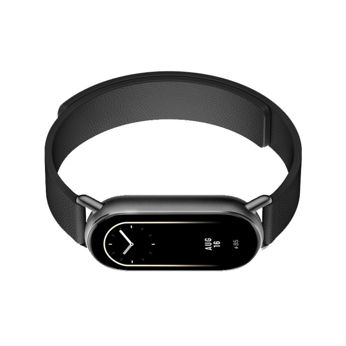 Czarny smartwatch z czarnym paskiem. Wyświetlana godzina. Na białym tle.