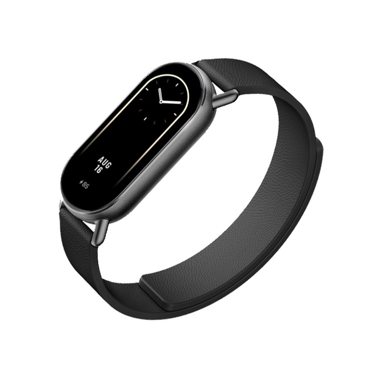 Czarny smartwatch z zakrzywionym ekranem wyświetlającym godzinę i datę. Ma czarny pasek.