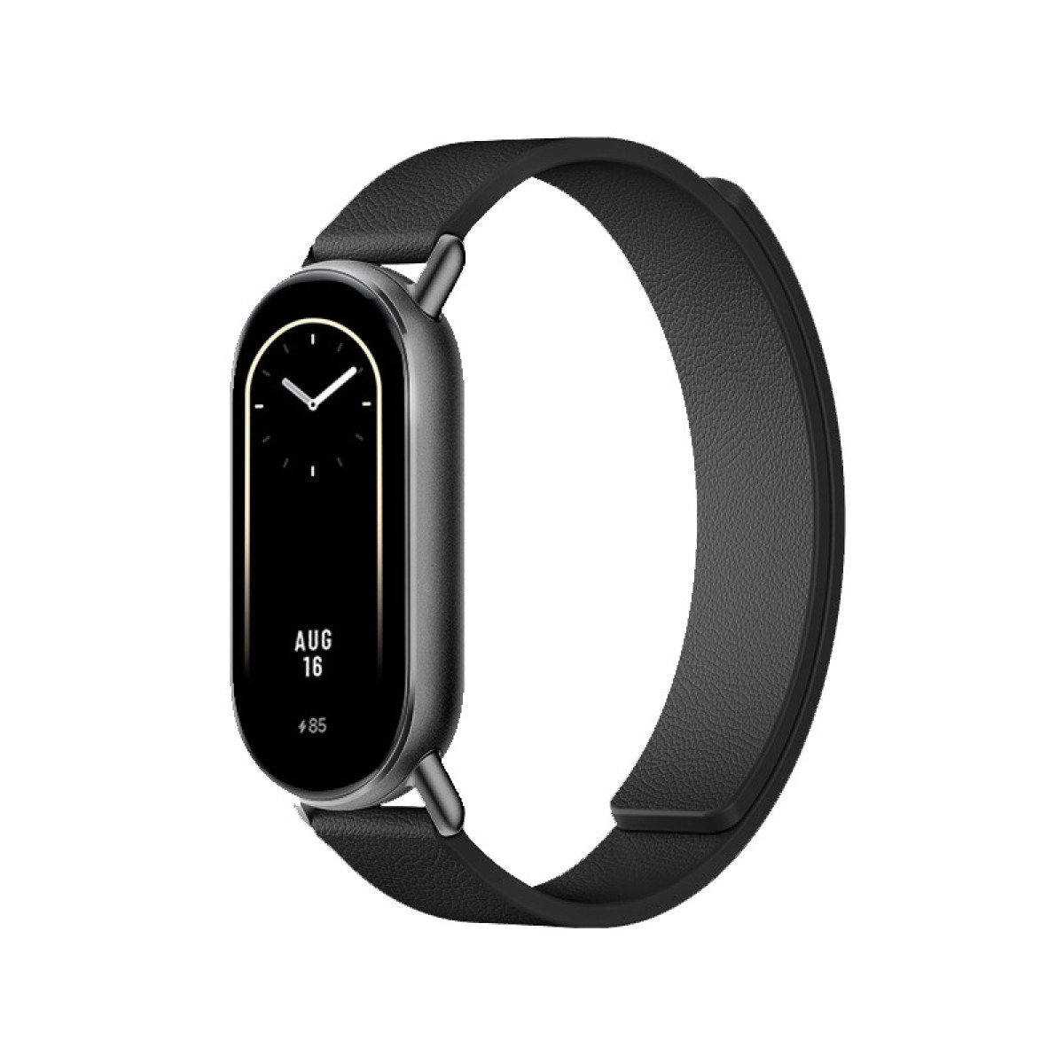 Czarny smartwatch na białym tle, pokazujący godzinę i datę, ma czarny pasek.
