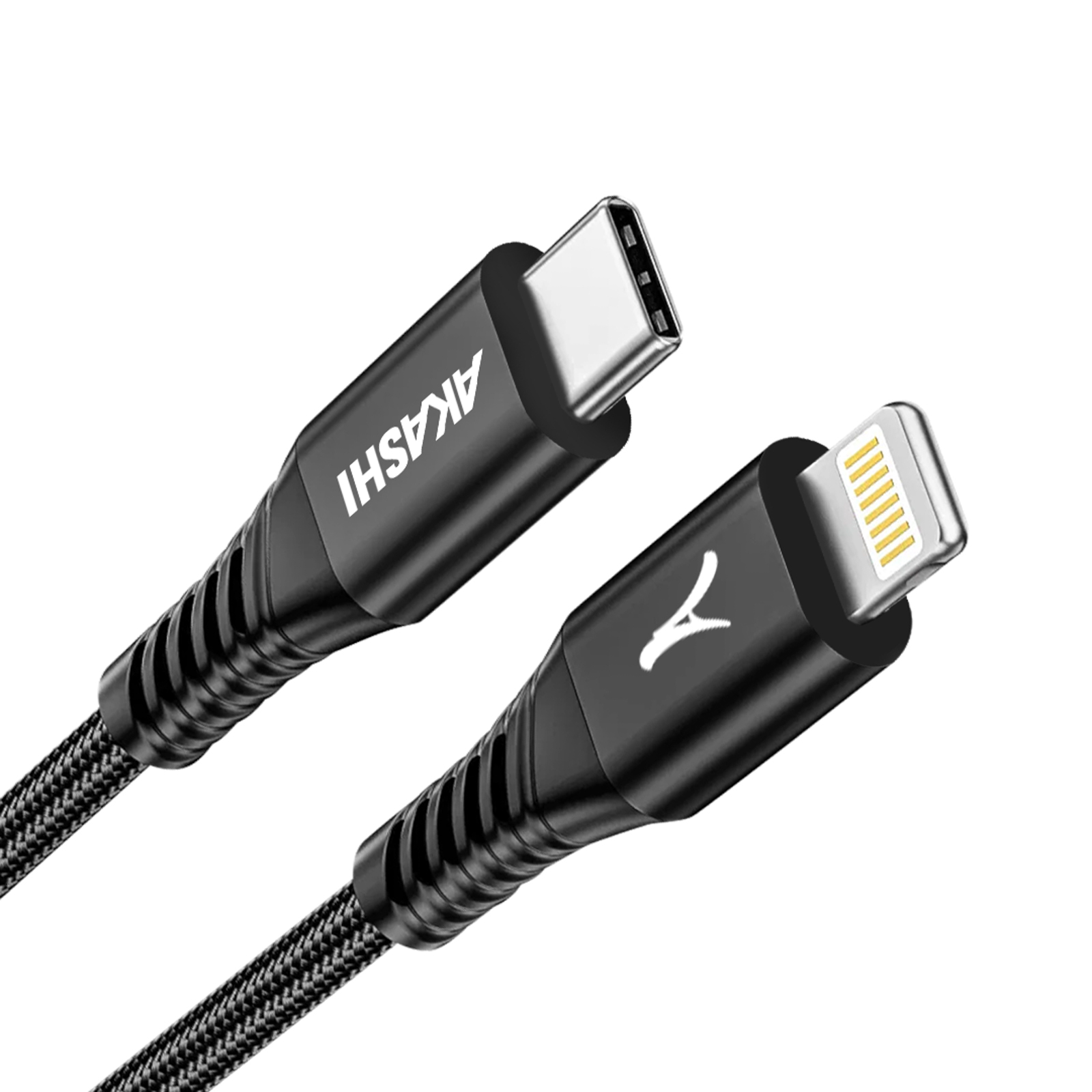 Schwarzes Akashi-Ladekabel mit USB-C-Anschluss und Lightning-Anschluss.
