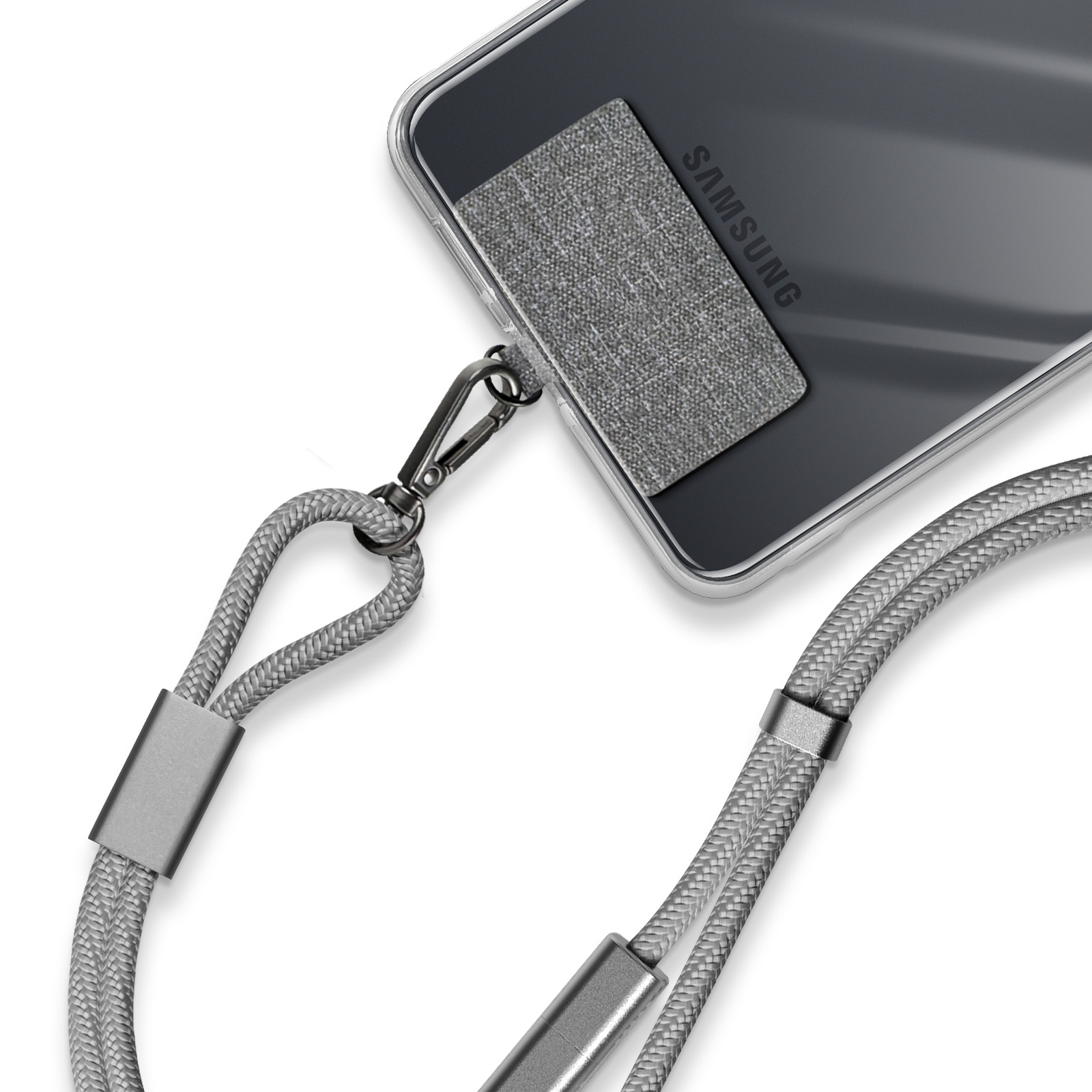 Une coque de téléphone transparente avec une lanière grise attachée. Le téléphone Samsung est dans la coque. Fond blanc.