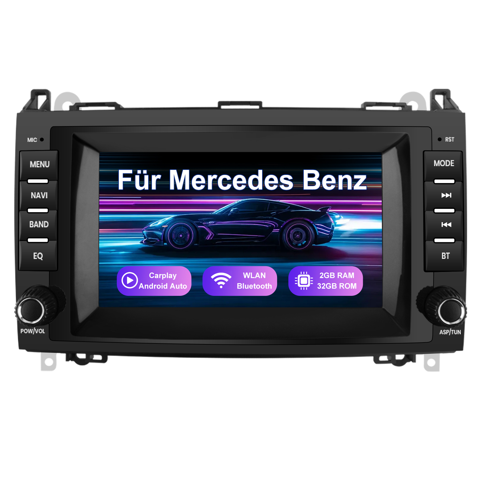 Ein Autoradio mit Bildschirm, das ein Auto zeigt. Knöpfe sind auf beiden Seiten. Der Bildschirm sagt 'Für Mercedes Benz'.