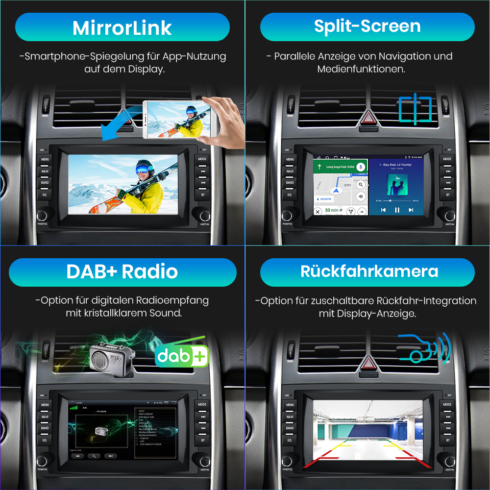 Vier verschiedene Autoradios mit unterschiedlichen Funktionen wie MirrorLink, Split-Screen, DAB+ Radio und Rückfahrkamera.