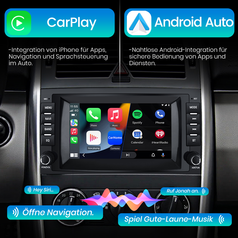 Ein Autoradio-Bildschirm mit Apple CarPlay- und Android Auto-Funktionen. Der Bildschirm zeigt App-Symbole.
