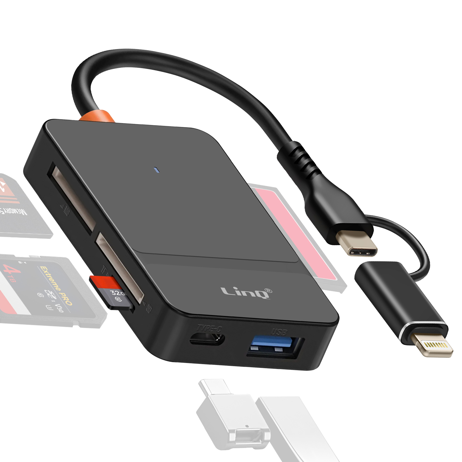 Lettore di schede nero con connettori USB, USB-C e Lightning. È inserita una scheda di memoria.