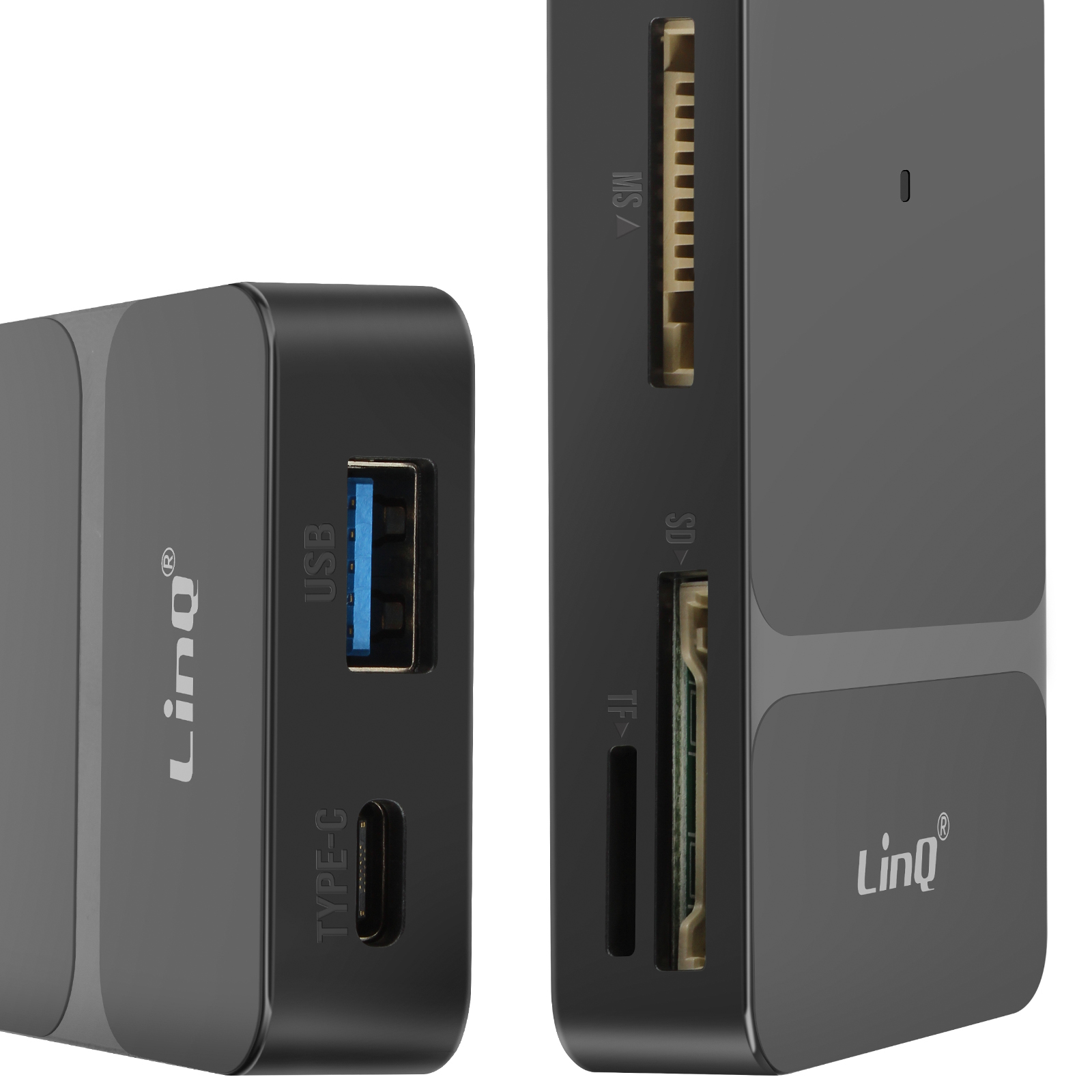 Primo piano di un lettore di schede con porte USB e USB-C. Il marchio 'Linq' è visibile.