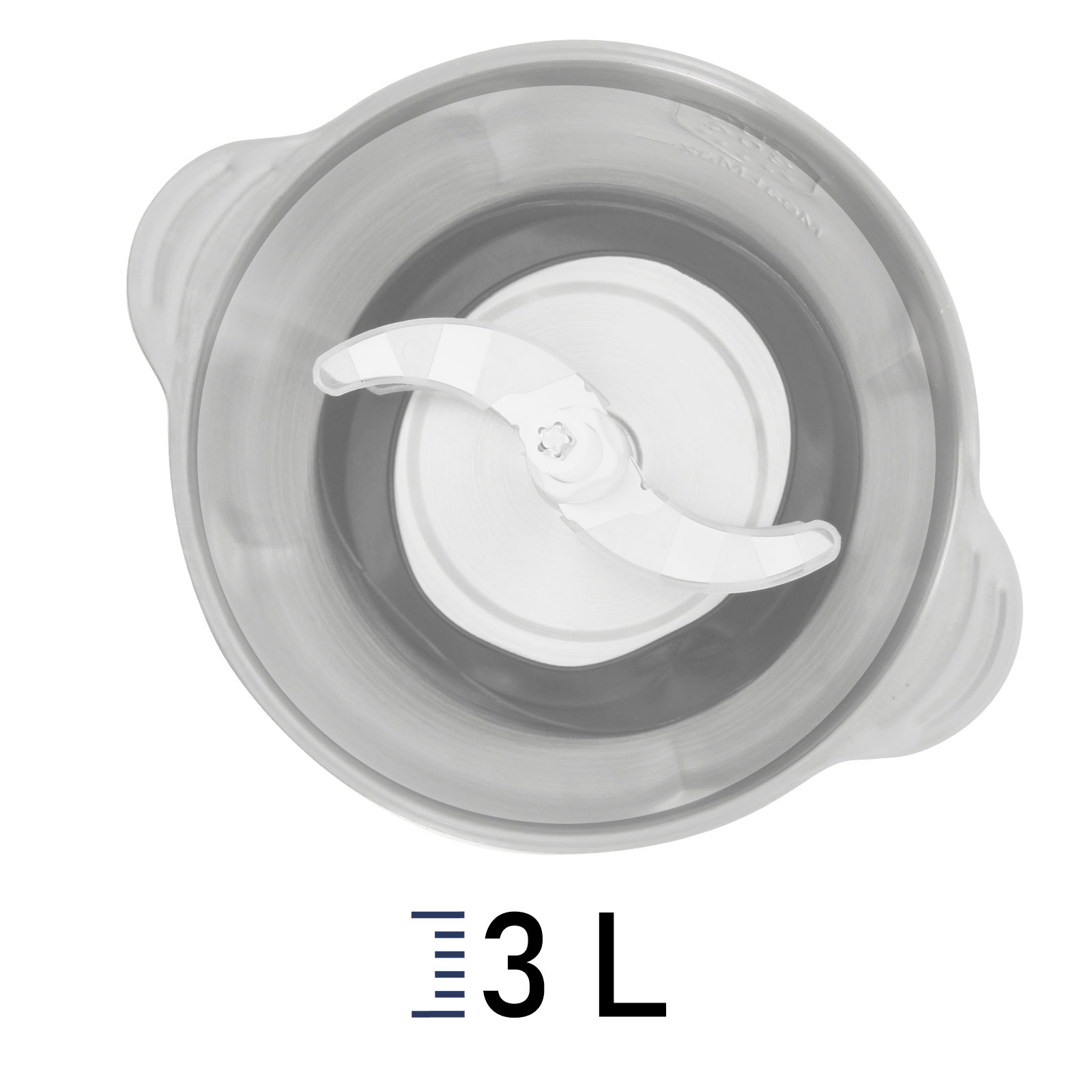 Coperchio per tritatutto trasparente con lama. La lama è bianca. C'è un'etichetta da 3 L in basso.