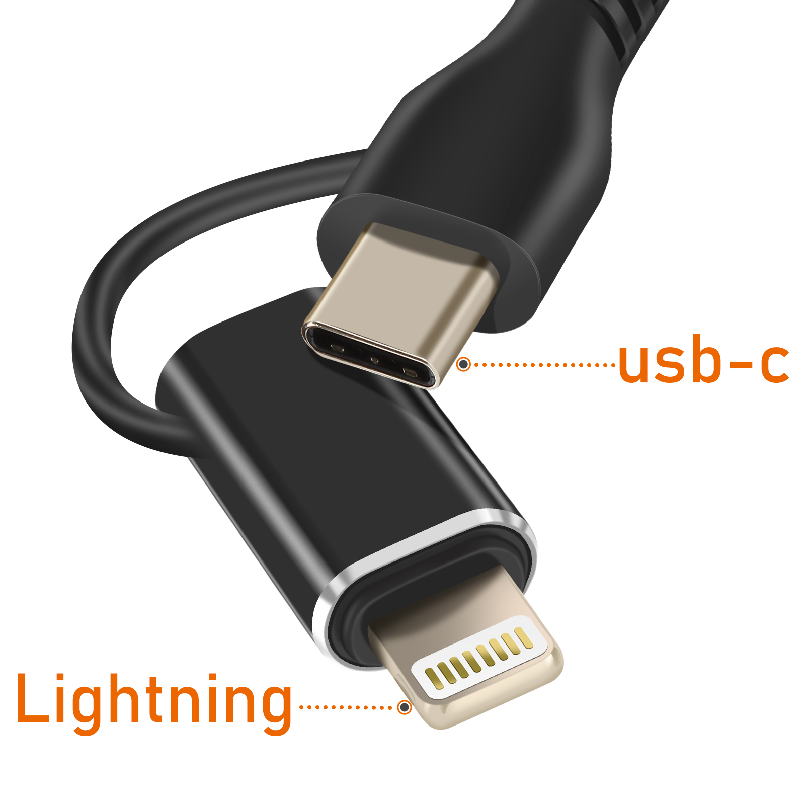 Primo piano dei connettori USB-C e Lightning. Le parole 'usb-c' e 'Lightning' sono etichettate.