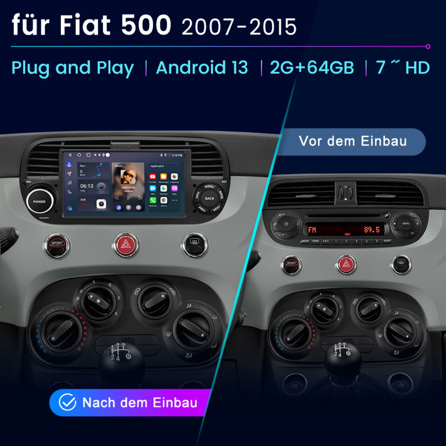 Fiat 500 Armaturenbrett vor und nach dem Radioeinbau.