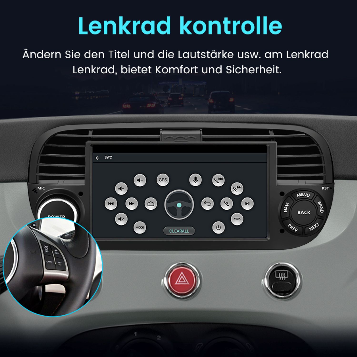 Auto-Dashboard-Bildschirm mit Navigation und Lenkradsteuerung. Enthält Text auf Deutsch.
