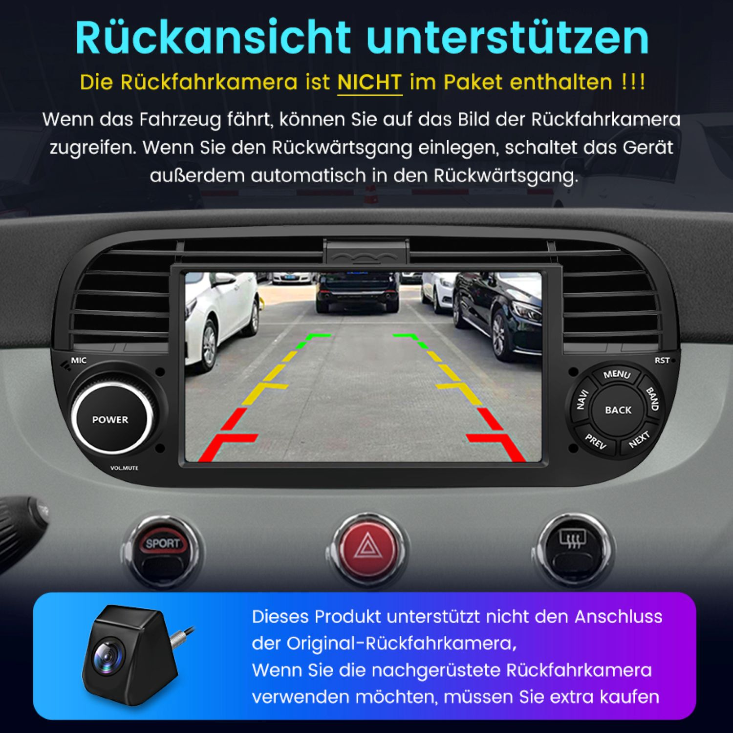 Auto-Armaturenbrett mit Rückfahrkamera mit Parklinien und Bedienelementen.