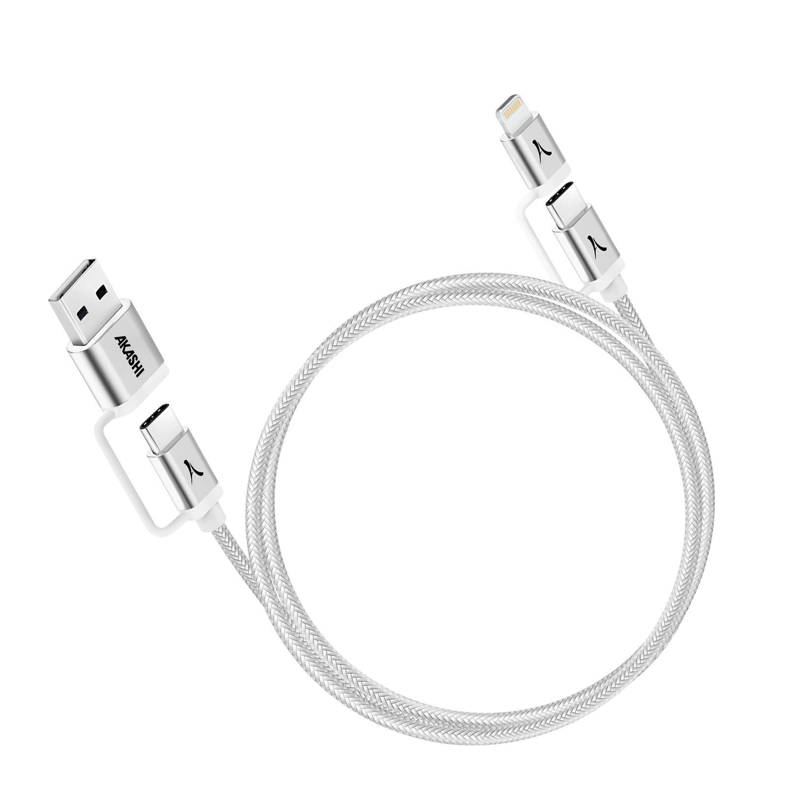 Un câble USB argenté avec trois connecteurs : USB, USB-C et Lightning.